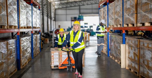 Warehouse workers with uniform working in distribution warehouse.